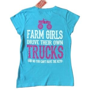 Women’s Farm Brand Girl Turquoise Drive Trucks Tee Small
